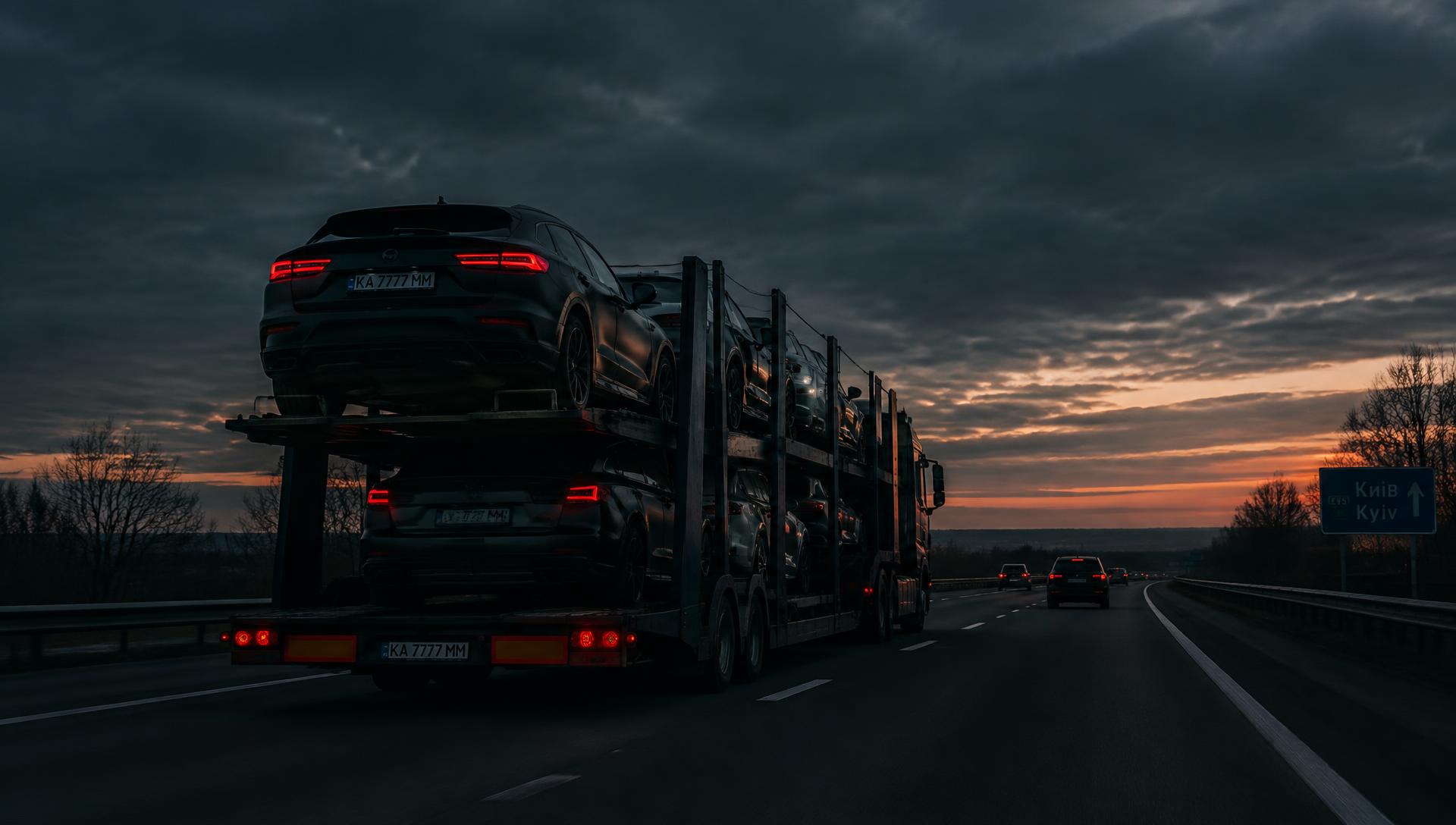 Автовоз з автомобілями на трасі в Україні